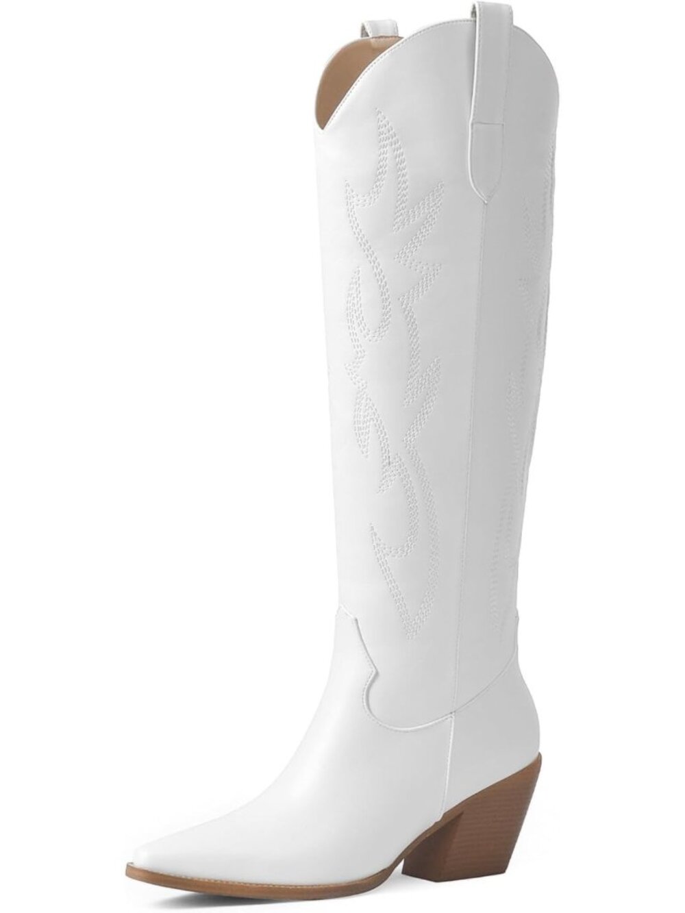 Women White-faux Faux Leather Knee High Pointed Toe Block Heel Cowboy Boots